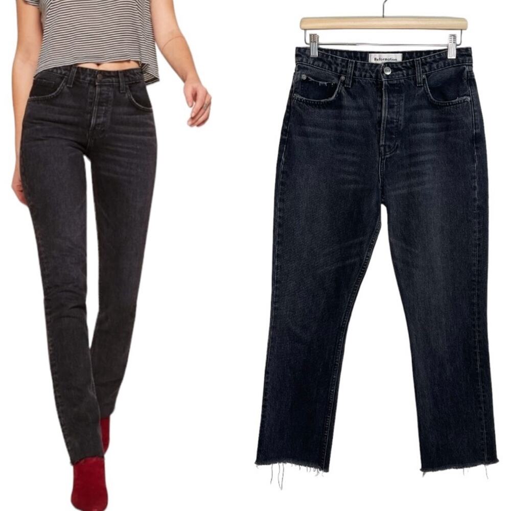 Reformation Black Brooke High Rise Raw Hem Jeans in Pacific 28